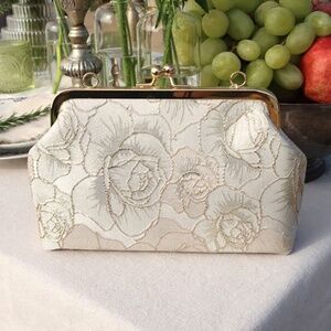 Lulus Posh Styling Ivory And Gold Satin Floral Lurex Clutch White